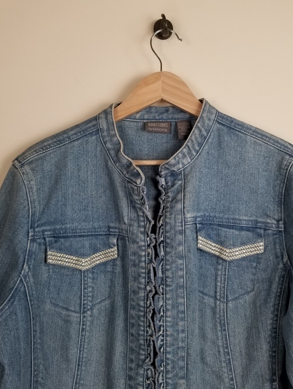 Chico's Additions Denim Jacket Ruffle Rhinestone Detail Size Large - Picture 2 of 6